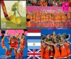 Подиум женщин хоккей, Нидерланды, Аргентина и Соединенное Королевство, Лондон 2012